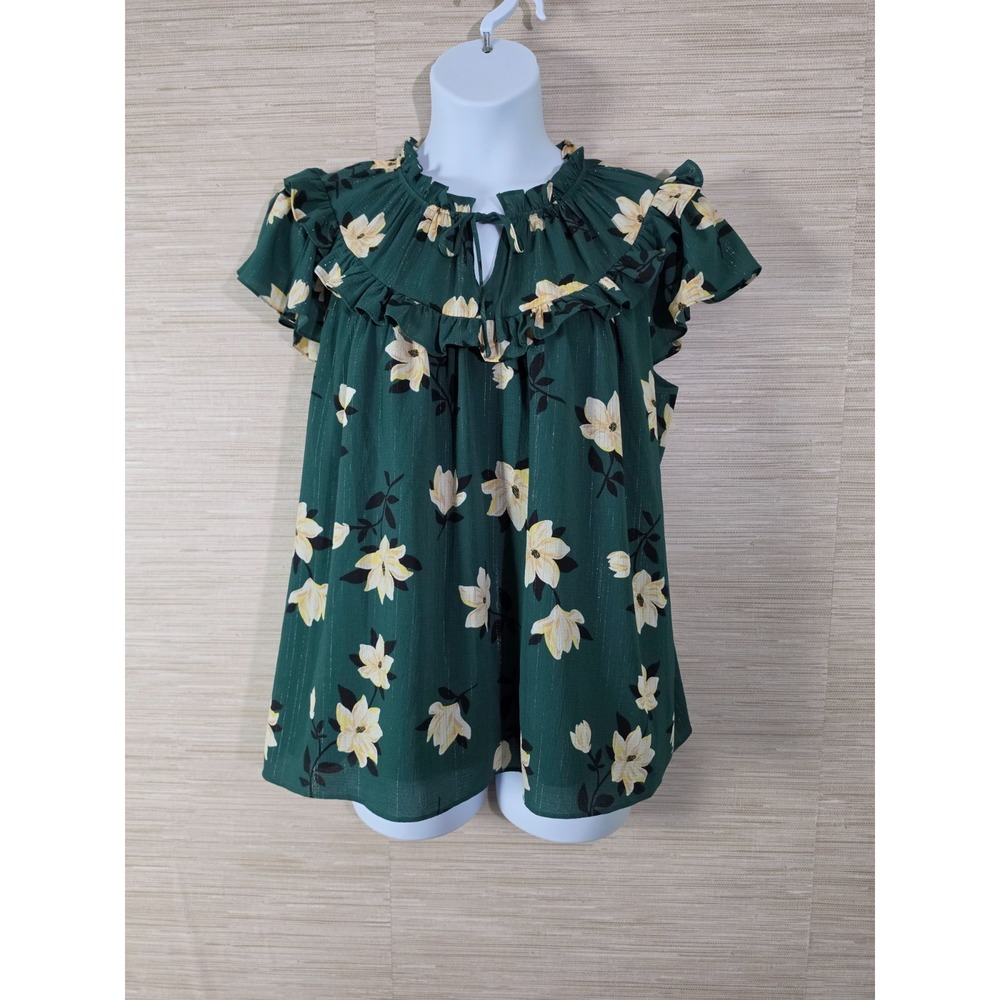 Draper James Floral Ruffle Blouse Women XL Green Short Sleeve Tie Neck Flutter